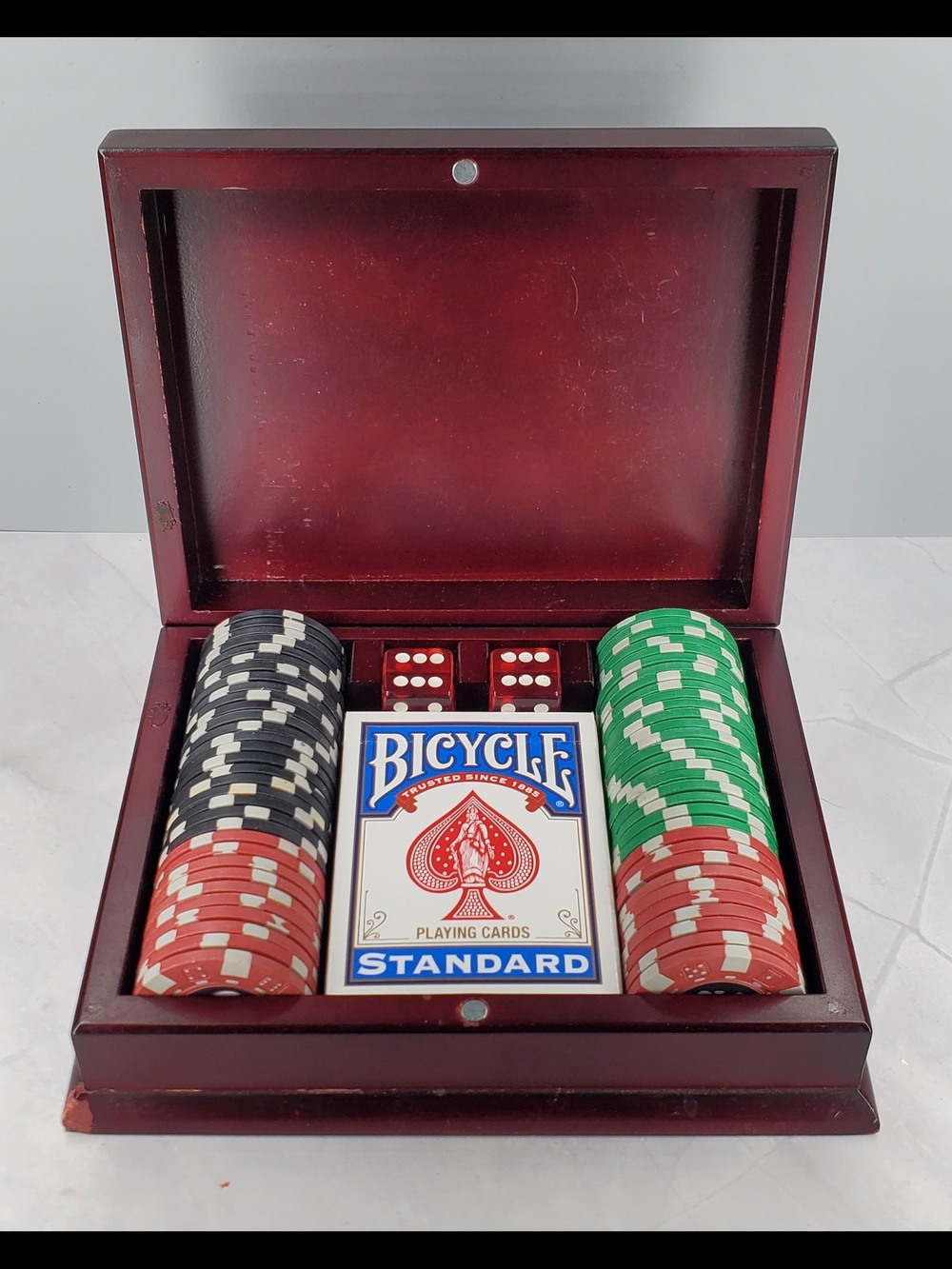 Poker Chip Set with Red Wood Case and Green/Black/Red Chips